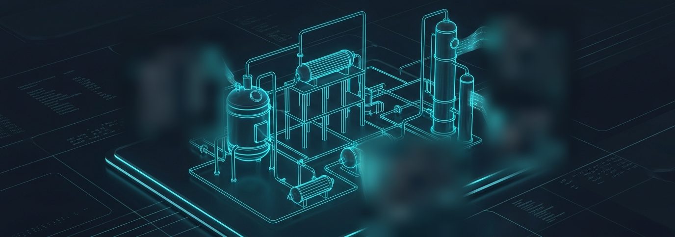Isometric line drawing of a process unit: a reactor, two shell-and-tube exchangers, a column and a pipe rack on a plot